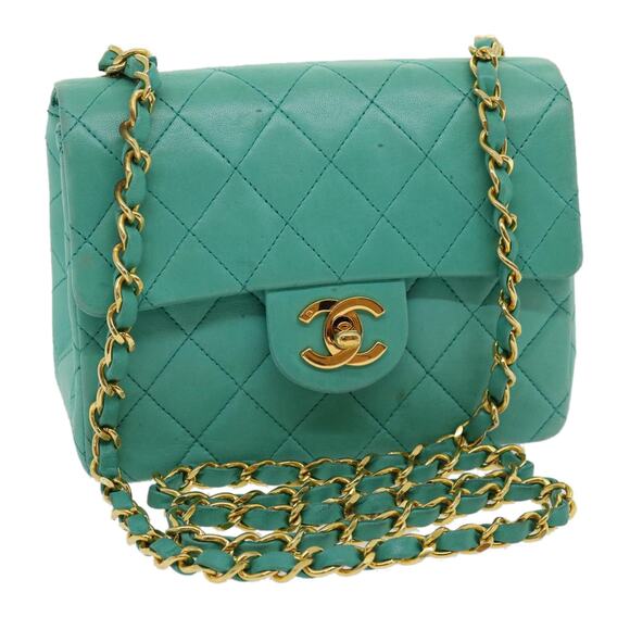 CHANEL Mini Matelasse Flap Chain Shoulder Bag Lamb Skin Light Blue - Picture 1 of 16